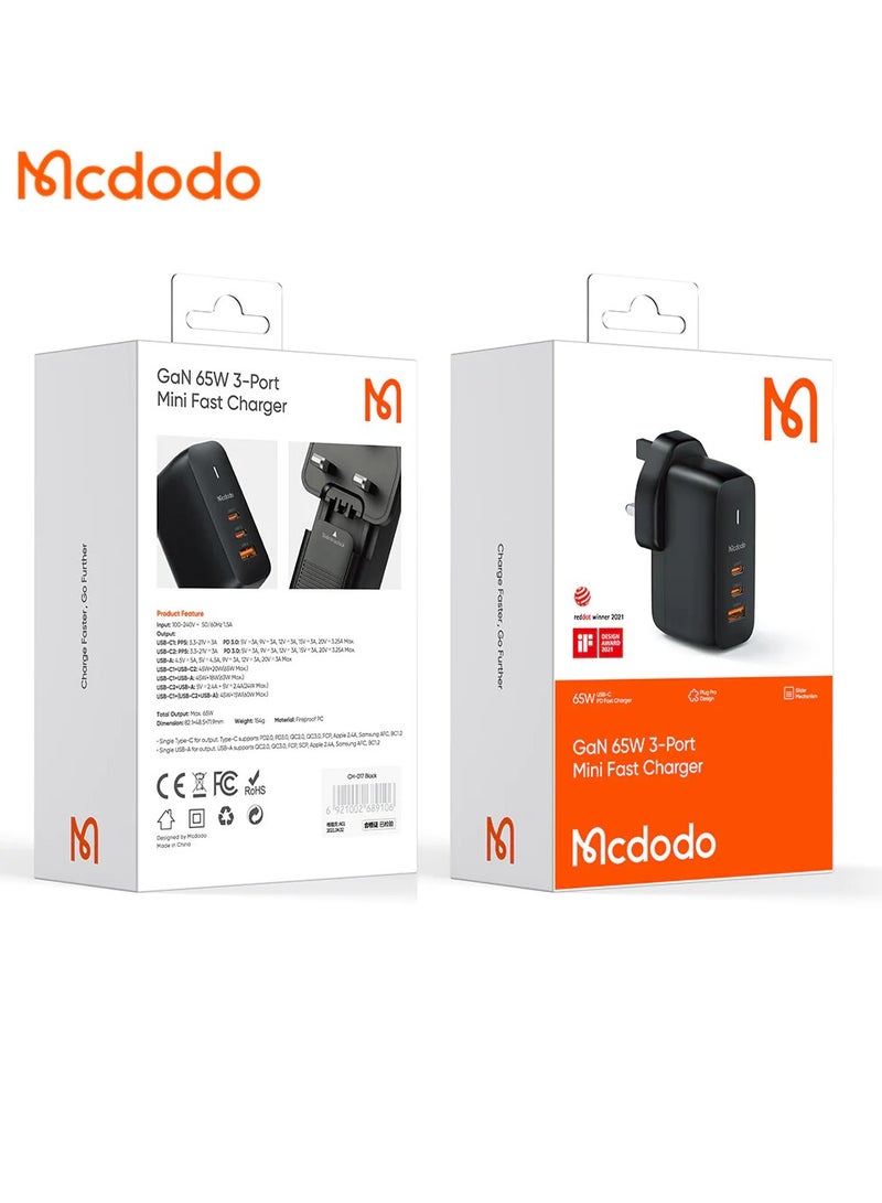 Mcdodo مكدو دو CH 0171 – شاحن سريع مصغر 65 واط 3 منافذ بتقنية GaN - Image 1