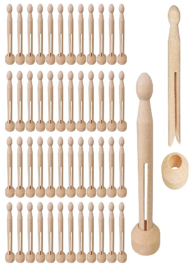 Winlyn 50 Sets Unfinished Wood Doll Pins Doll Clothespins Wooden Round Peg Wood Clothespins and Stands Craft Supplies for DIY Art Painting Projects Doll Ornaments Rustic Country Embellishments - Image 1