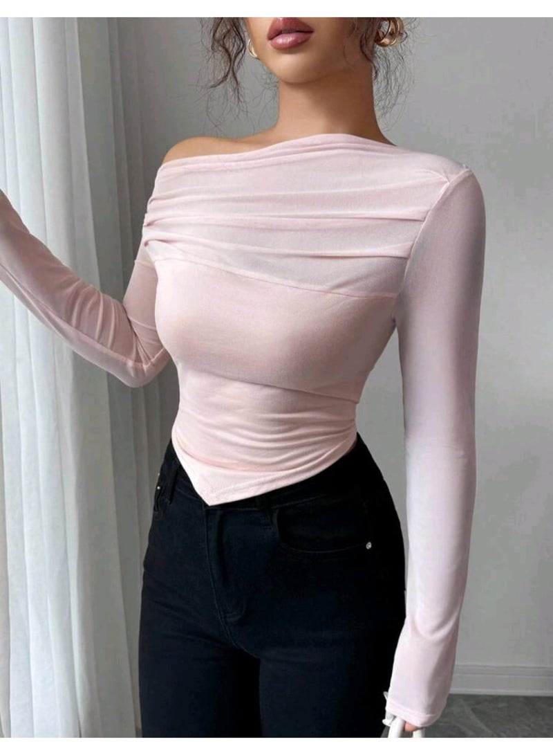 SHEIN Mesh Patchwork Asymmetrical Hem Ruffle Oblique Shoulder Elegant Casual Outdoor Women BLOUSE - Image 3