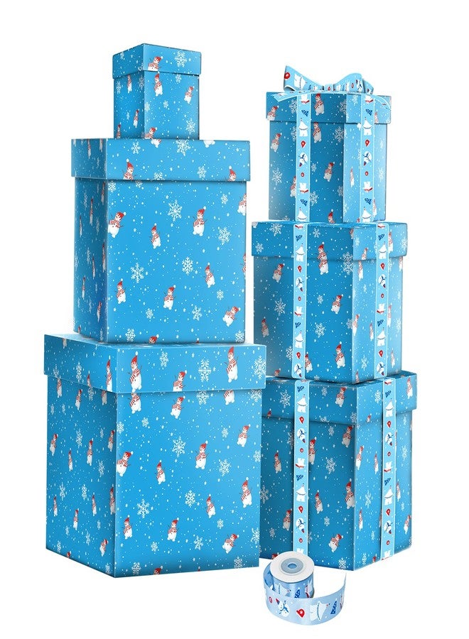 Linelglobal Assorted Size Christmas Gift Box with Lids, Nesting Stackable Xmas Box for Present Holiday Decoration 6 Pcs Set - Blue Snowman Snow Flake - Image 1