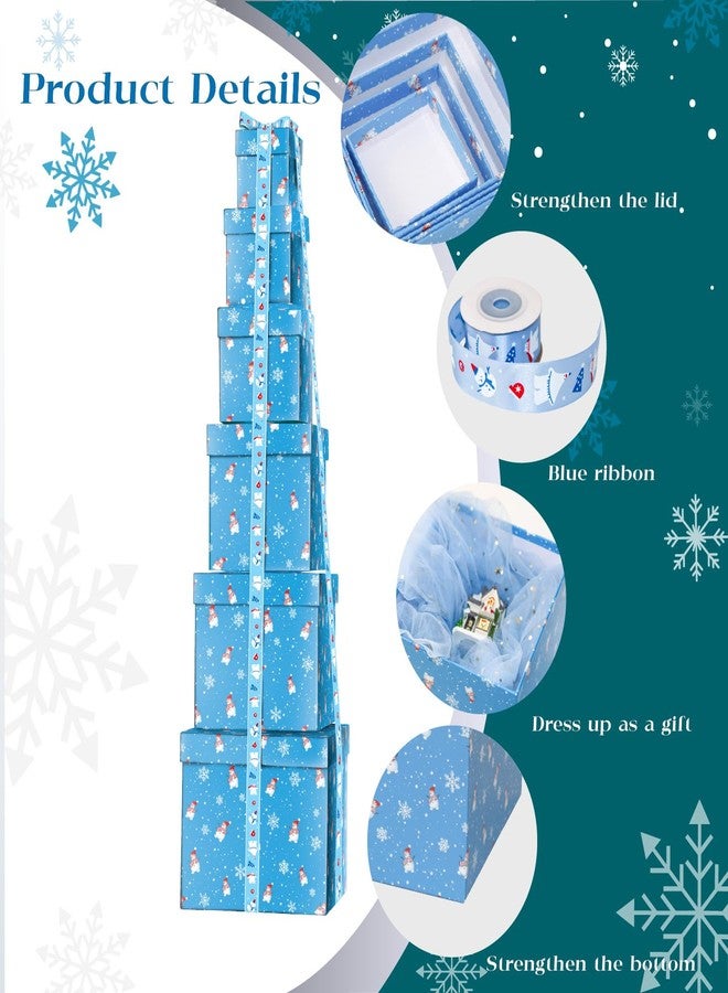 Linelglobal Assorted Size Christmas Gift Box with Lids, Nesting Stackable Xmas Box for Present Holiday Decoration 6 Pcs Set - Blue Snowman Snow Flake - Image 3