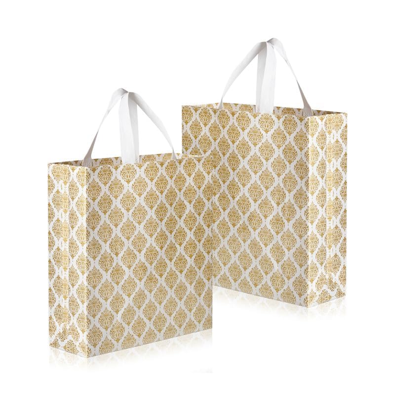 G1 G 1 Decorative Gift Bags with Gold Damask Pattern, White Handles, Pack of 10, Reusable Shopping Bags for Wedding, Festive Occasions, Return Gifts - Image 1