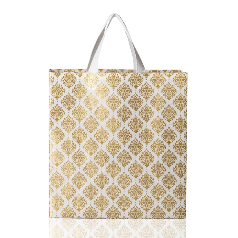 G1 G 1 Decorative Gift Bags with Gold Damask Pattern, White Handles, Pack of 10, Reusable Shopping Bags for Wedding, Festive Occasions, Return Gifts - Image 2