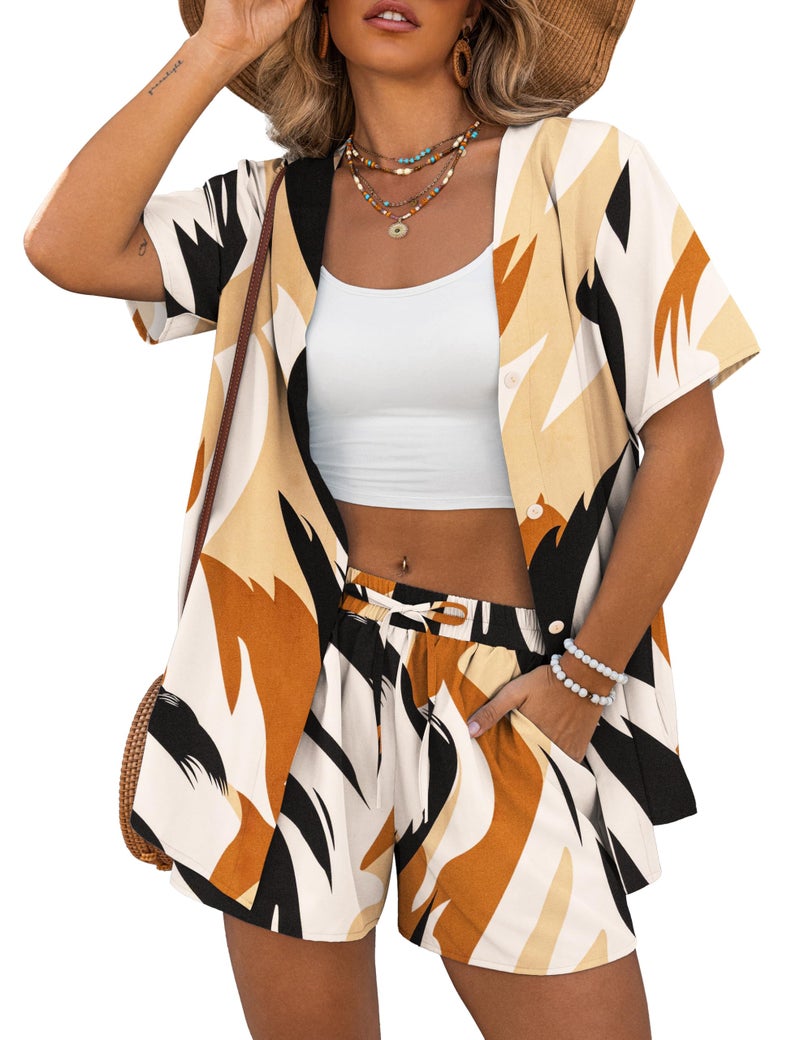 REDHOTYPE Womens 2 Piece Outfits Lightweight Button Down Top Casual Shorts Printed Summer Vacation Sets, Beige Medium - Image 1