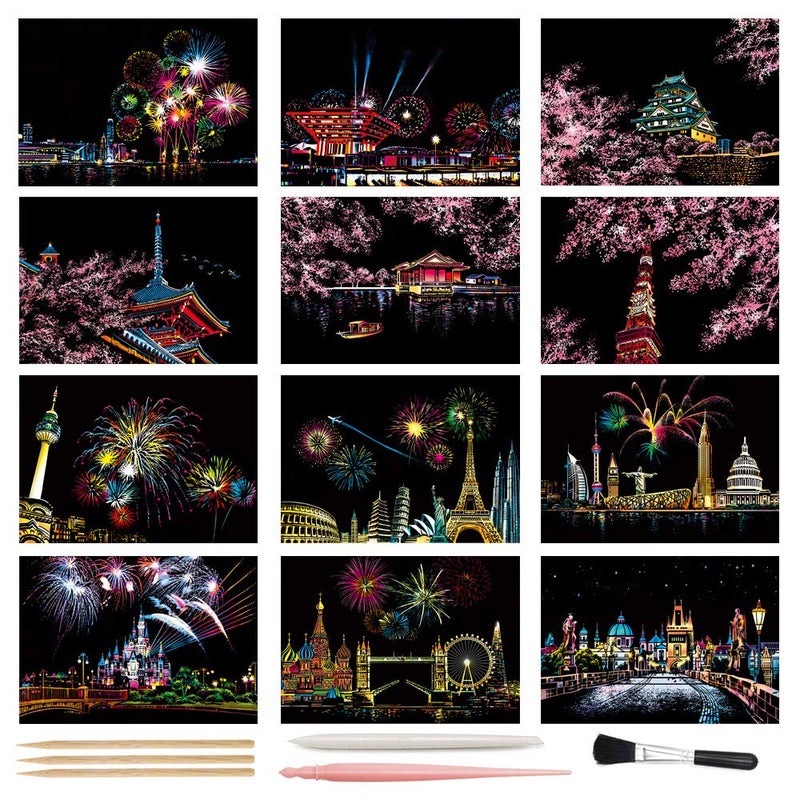 MIASTAR Scratch Art Paper Rainbow Night View Scratchboard Pads for Adults and Kids Mini Envelope Postcard Art Crafts Set 12 Sheets Scratch Cards Scratch Drawing Pen Brush 79x55 Fireworks Series - Image 2