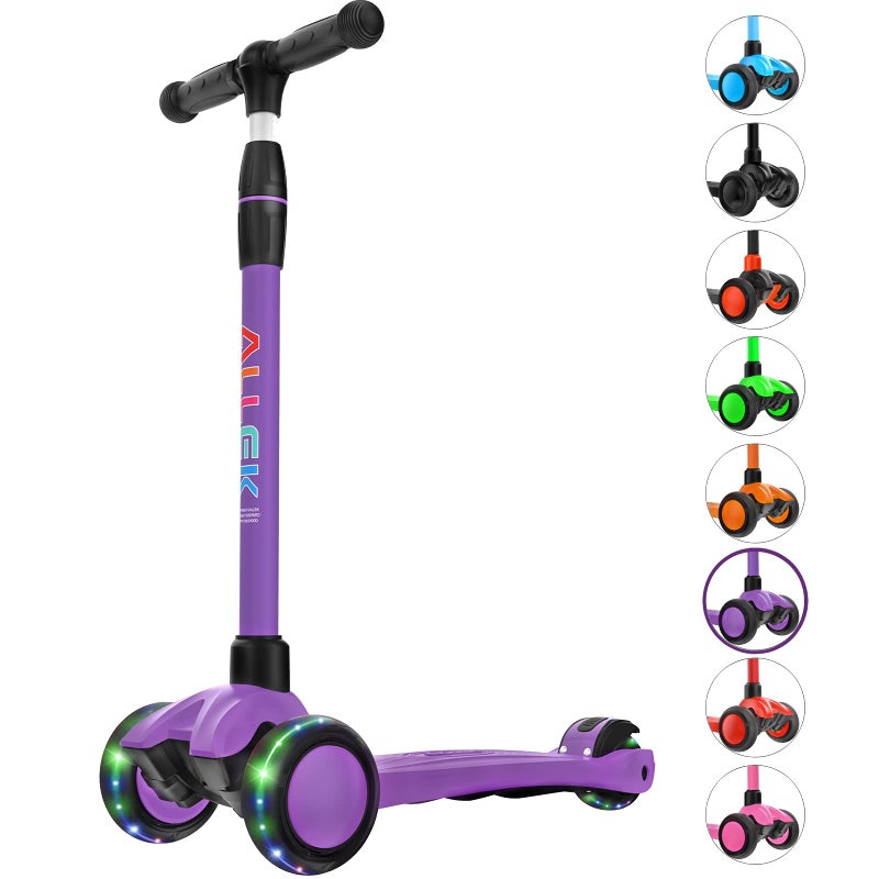 Allek Kick Scooter B03 Lean N Glide 3Wheeled Push Scooter with Extra Wide PU LightUp Wheels Any Height Adjustable Handlebar and Strong Thick Deck for Children from 312yrs Purple