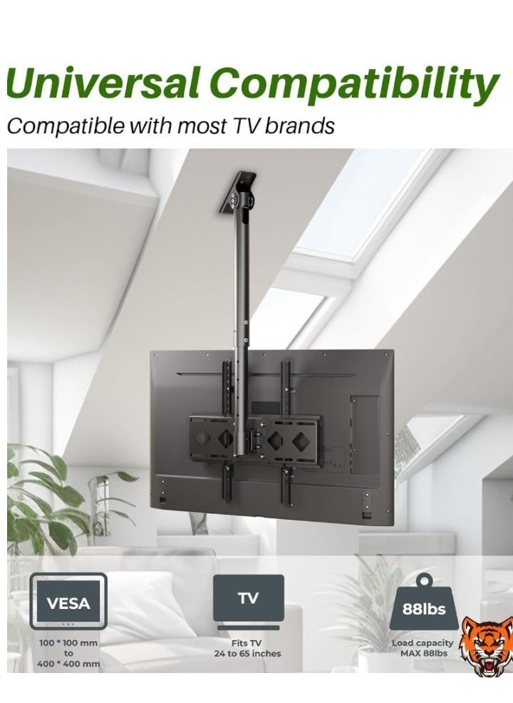 TIGER "Ceiling TV Mount Bracket for 26''-65'' Flat Screen TVs, Adjustable Height with Full Motion 360° Rotation, Tilt, Swivel, and Flip Down Design" - Image 2