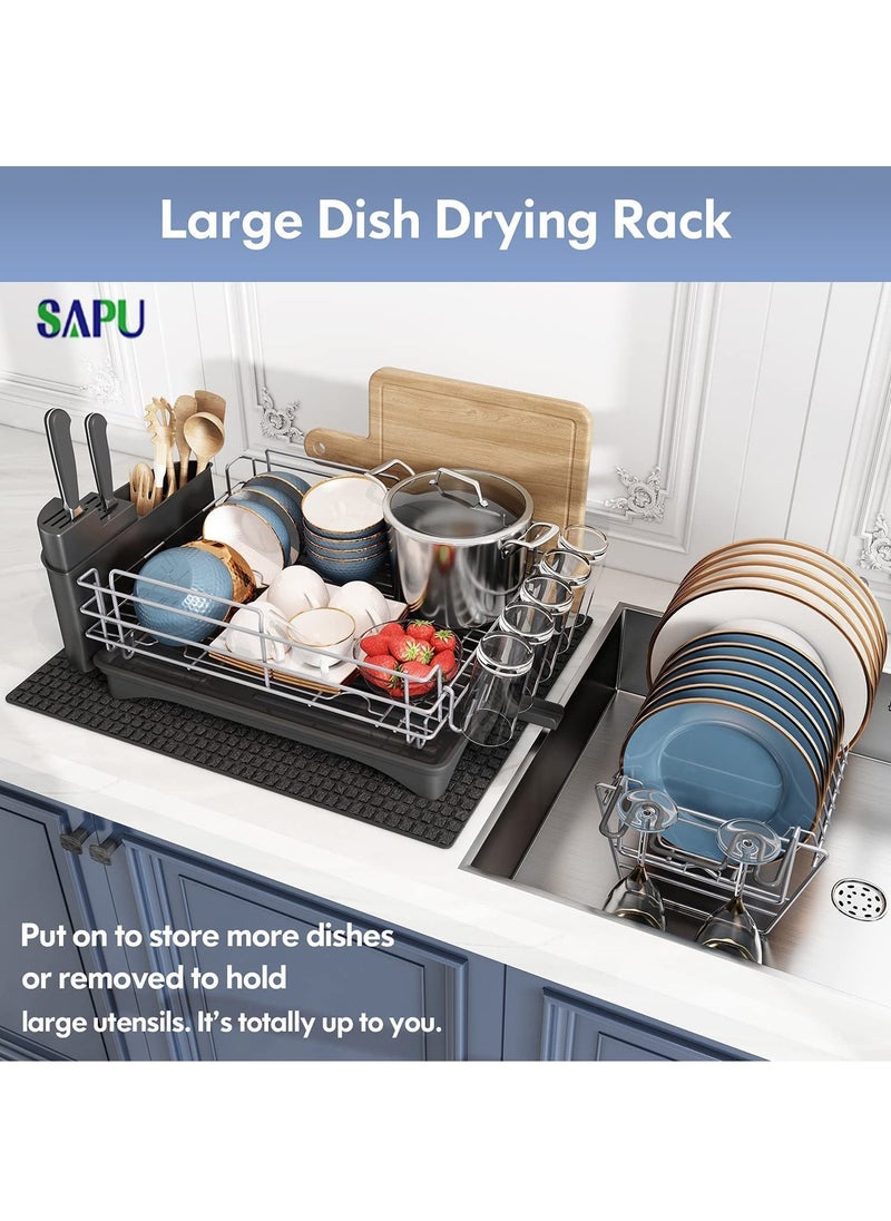 SAPU - Dish Drying Rack and Drainboard Set 2 Tier Large Dish Rack with Swivel Spout Stainless Steel Dish Drainer for Kitchen Counter with Utensil Holder Cutting Board Holder Extra Drying Mat - Image 1