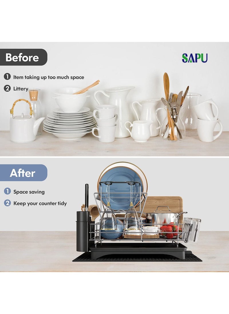 SAPU - Dish Drying Rack and Drainboard Set 2 Tier Large Dish Rack with Swivel Spout Stainless Steel Dish Drainer for Kitchen Counter with Utensil Holder Cutting Board Holder Extra Drying Mat - Image 1
