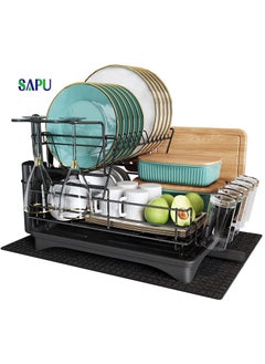 Dish Drying Rack and Drainboard Set 2 Tier Large Dish Rack with Swivel Spout Stainless Steel Dish Drainer for Kitchen Counter with Utensil Holder Cutting Board Holder Extra Drying Mat