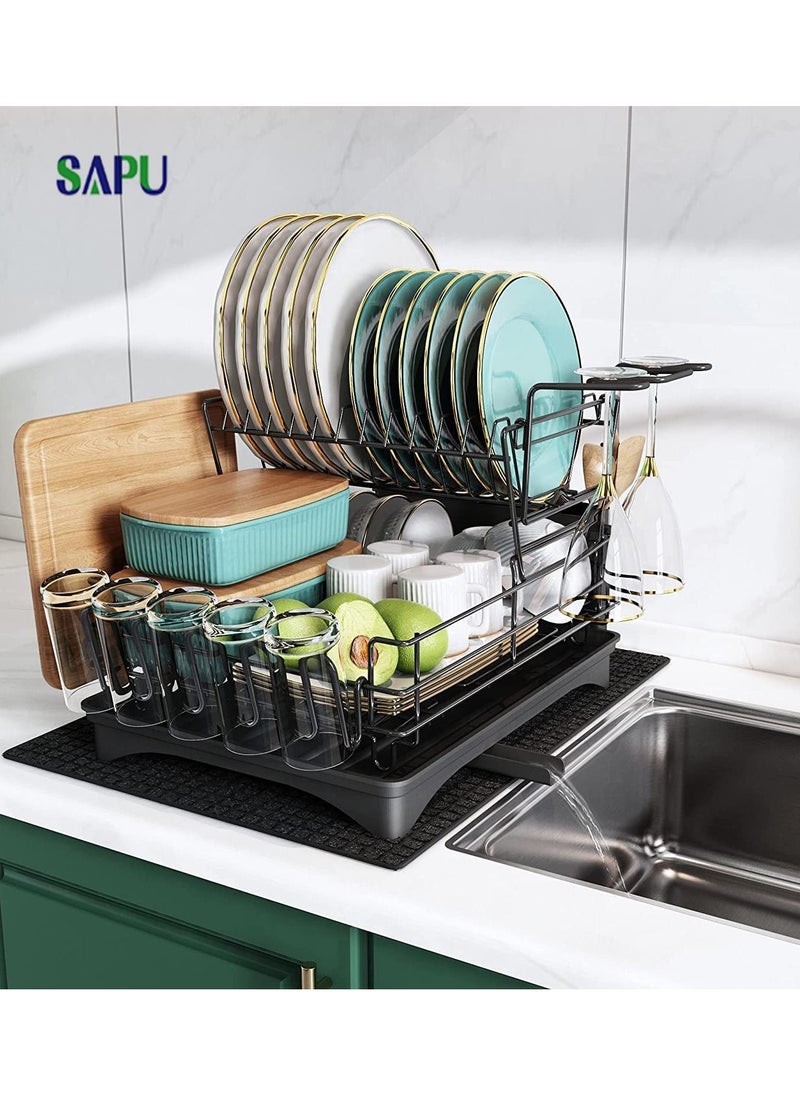 SAPU - Dish Drying Rack and Drainboard Set 2 Tier Large Dish Rack with Swivel Spout Stainless Steel Dish Drainer for Kitchen Counter with Utensil Holder Cutting Board Holder Extra Drying Mat - Image 1