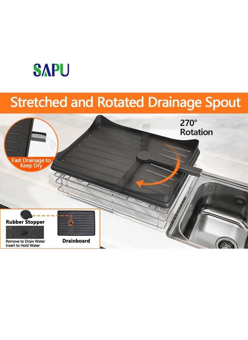 SAPU - Dish Drying Rack and Drainboard Set 2 Tier Large Dish Rack with Swivel Spout Stainless Steel Dish Drainer for Kitchen Counter with Utensil Holder Cutting Board Holder Extra Drying Mat - Image 1