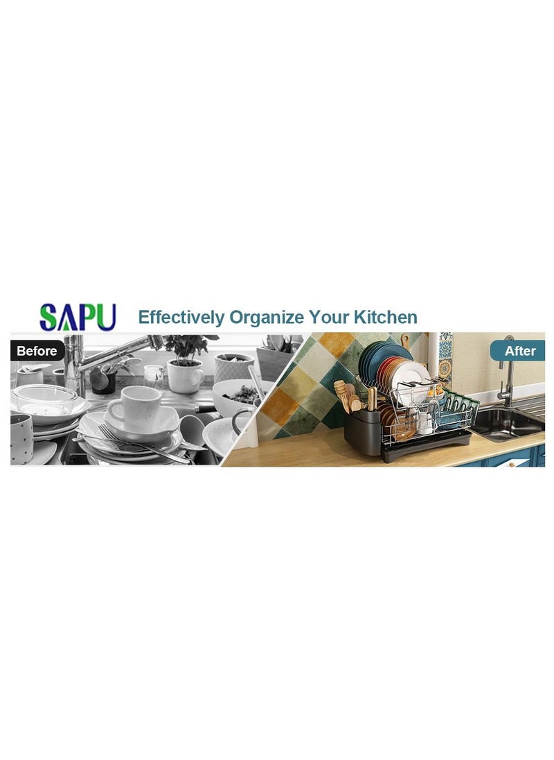 SAPU - Dish Drying Rack and Drainboard Set 2 Tier Large Dish Rack with Swivel Spout Stainless Steel Dish Drainer for Kitchen Counter with Utensil Holder Cutting Board Holder Extra Drying Mat - Image 1