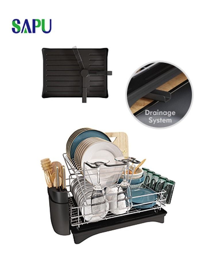 SAPU - Dish Drying Rack and Drainboard Set 2 Tier Large Dish Rack with Swivel Spout Stainless Steel Dish Drainer for Kitchen Counter with Utensil Holder Cutting Board Holder Extra Drying Mat - Image 1