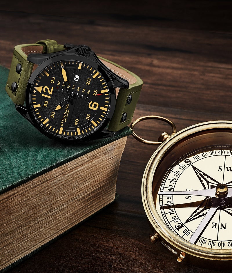 Stuhrling Original Mens Leather Watch -Aviation Watch, Quick-Set Day-Date Leather Band with Steel Rivets, - Image 4