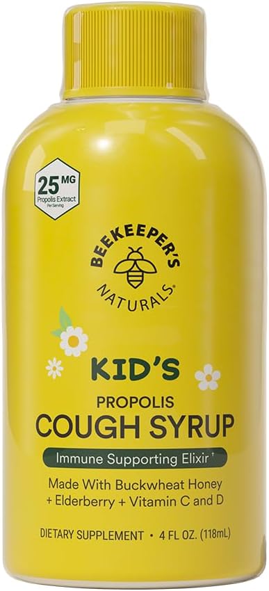 Beekeeper's Naturals Beekeeper's Naturals Propolis Honey Cough Syrup Daytime for Kids Immune Support with Elderberry, Vitamin C, Vitamin D & Raw Honey - Throat Soothing - Gluten Free & Clean Ingredients, 4 oz. 