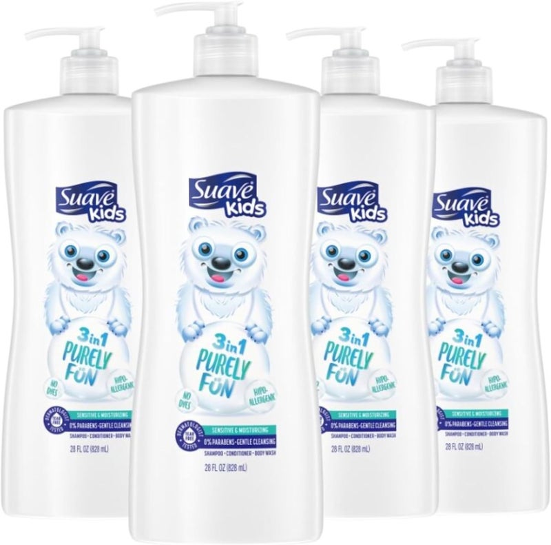 Suave Kids 3-in-1 Shampoo Conditioner Body Wash Purely Fun - Pack of 4, 28 Fl Oz Each - Image 1