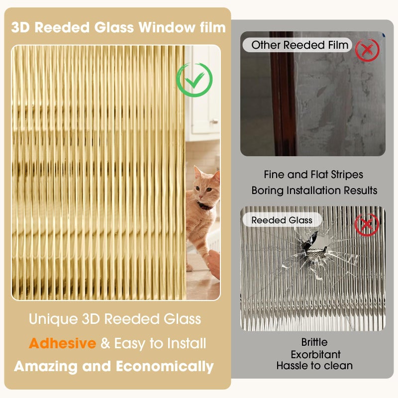 Coavas Window Privacy Film Reeded Glass, Frosted 3D Fluted Glass Window Cling, Adhesive Vinyl Decorative Door Stickers for Bathroom Home Sun Blocking, 17.5 x 78.7 Inch - Image 5