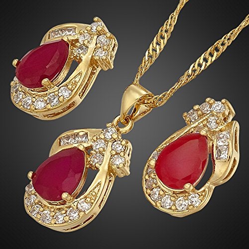 RIZILIA Jewelry Set for Women - Pear Cut Multiple Birthstone Colors Available - Yellow Gold Plated Pendant Necklace with 18 Inch Chain + 2 inch Extension and Stud Earrings (Red Ruby | July) - Image 5