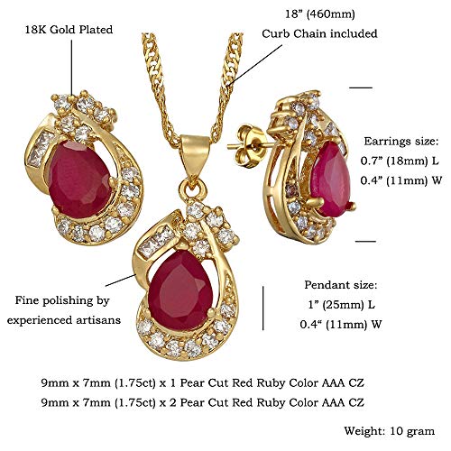 RIZILIA Jewelry Set for Women - Pear Cut Multiple Birthstone Colors Available - Yellow Gold Plated Pendant Necklace with 18 Inch Chain + 2 inch Extension and Stud Earrings (Red Ruby | July) - Image 2