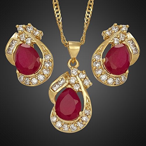 RIZILIA Jewelry Set for Women - Pear Cut Multiple Birthstone Colors Available - Yellow Gold Plated Pendant Necklace with 18 Inch Chain + 2 inch Extension and Stud Earrings (Red Ruby | July) - Image 4