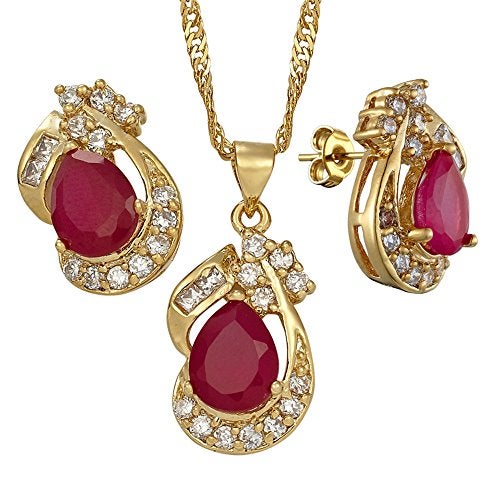 RIZILIA Jewelry Set for Women - Pear Cut Multiple Birthstone Colors Available - Yellow Gold Plated Pendant Necklace with 18 Inch Chain + 2 inch Extension and Stud Earrings (Red Ruby | July) - Image 1