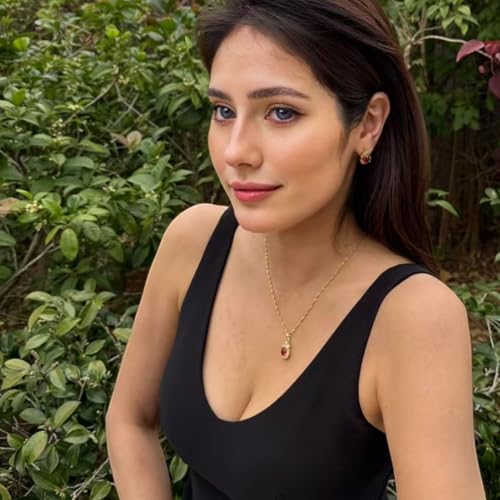 RIZILIA Jewelry Set for Women - Pear Cut Multiple Birthstone Colors Available - Yellow Gold Plated Pendant Necklace with 18 Inch Chain + 2 inch Extension and Stud Earrings (Red Ruby | July) - Image 3