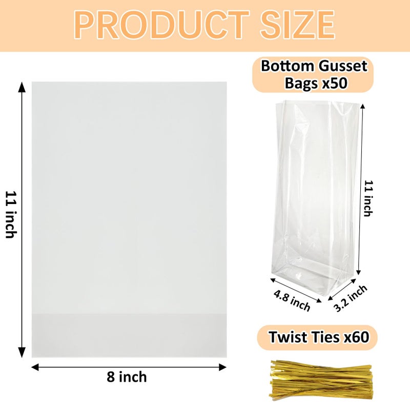 ZYLOP 8 x 11 Bottom Gusset Gift Bags, 50Pcs Clear Cellophane Gift Bags with 60pcs Twist Ties for Party Favor Packaging, Gift Mug Wrapping, Clear Treat Goodie Bags for Cookie, Candy, Popcorn Food Storage - Image 2