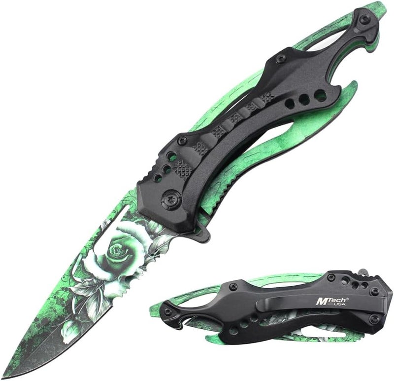 MTECH USA Folding Knife, 3.75-Inch Half-Serrated Blade, Titanium Coating, Glass Breaker, Pocket Clip - Image 1