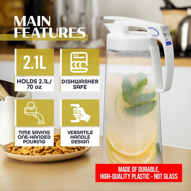 Lustroware QuickServe Airtight Pitcher - 2.1L (70oz), Heat Resistant, BPA-Free SAN Plastic, One Touch Open & Close, Space-Saving, Made in Japan - White - Image 4
