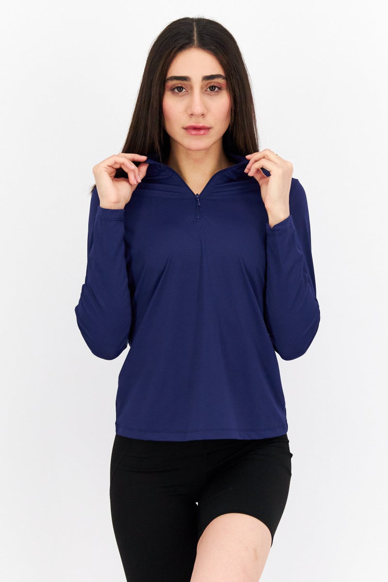 X by Gottex Women Sportswear Fit Long Sleeve Training Top, Navy Blue - Image 1