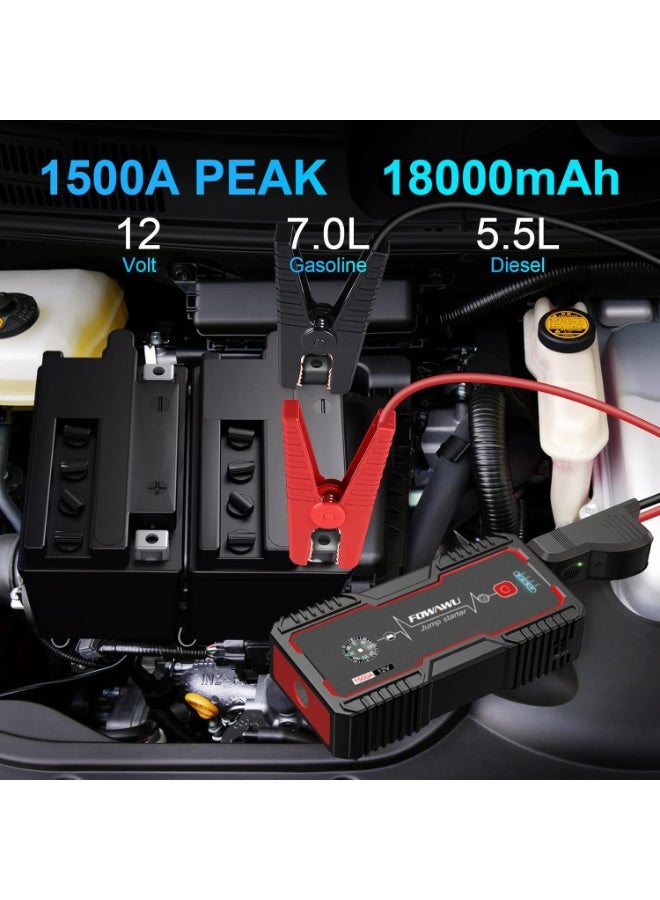 FOWAWU 18000mAh 1500A Car Jump Starter,Water-Resistant Jump Starter Battery Pack(7.0L Gas,5.5L Diesel),Battery Jumper Starter Portable with USB/DC 12V/LED Light - Image 2