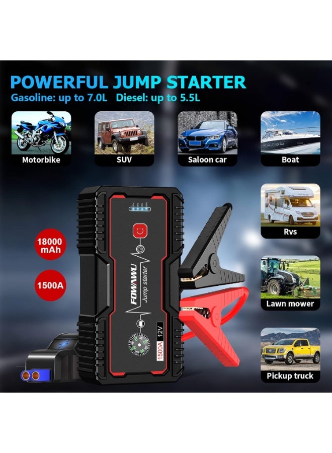 FOWAWU 18000mAh 1500A Car Jump Starter,Water-Resistant Jump Starter Battery Pack(7.0L Gas,5.5L Diesel),Battery Jumper Starter Portable with USB/DC 12V/LED Light - Image 5