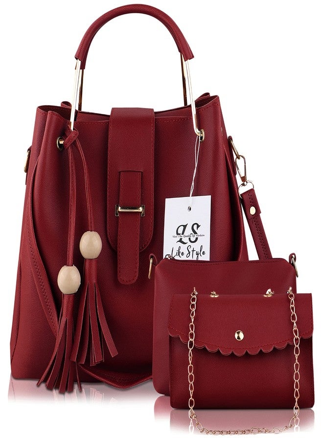 LIKE STYLE Women Hand Bags PU Rexine Flap Closure Casual Formal Ladies Shoulder Bag Pack of 3 (Maroon) - Image 1