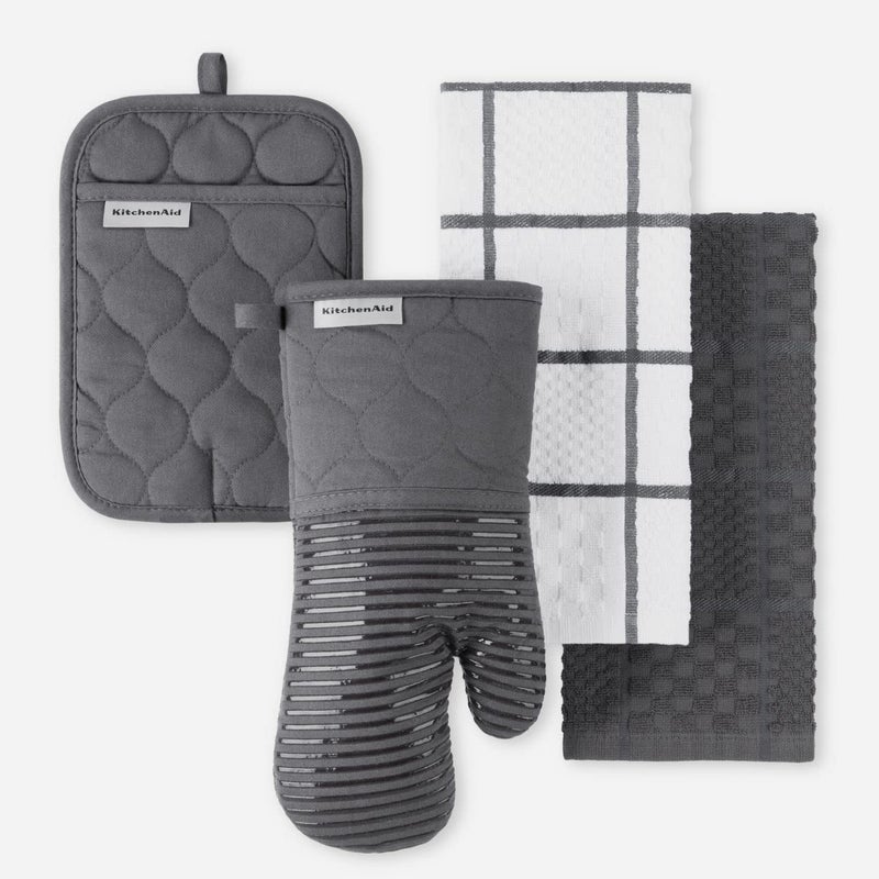 KitchenAid Quilted Cotton Terry Cloth Oven Mitt  Pot Holder Heat Resistant  16""x26""  7""x13"" & 7""x10""  Charcoal Grey - Image 1