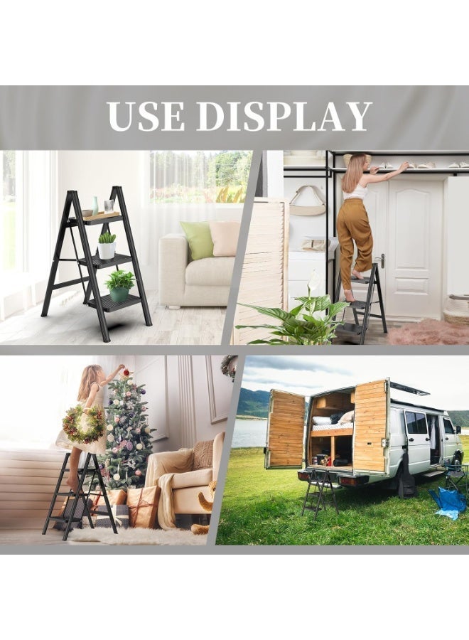 Acotsun 3 Step Folding Heavy Duty Step Ladder,Acotsun Folding Ladder for Home Use,250kg Load,3 Iron Steps,Black, Iron & Plastic, 0.77M Tall, Anti-Slip, Multi-Position,for Kitchen, Office, Library, Warehouse - Image 2