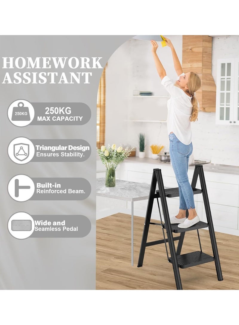 Acotsun 3 Step Folding Heavy Duty Step Ladder,Acotsun Folding Ladder for Home Use,250kg Load,3 Iron Steps,Black, Iron & Plastic, 0.77M Tall, Anti-Slip, Multi-Position,for Kitchen, Office, Library, Warehouse - Image 5