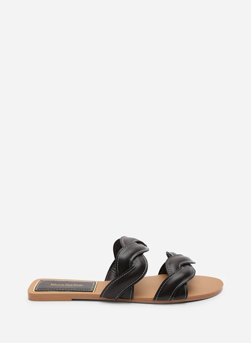 Where's That From Julietta Two Strap Braided Dark Brown Slip on Sandals with Contrast Stitching