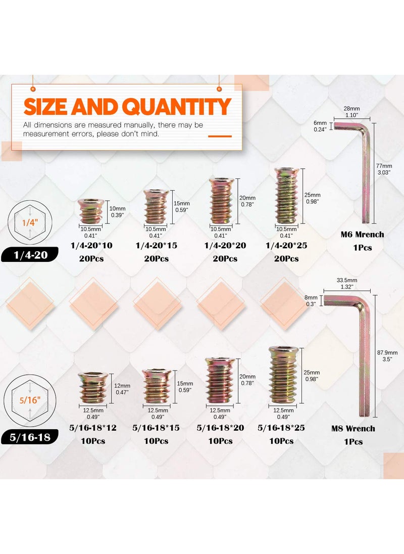 Rustark Rustark 120 pcs 14 and 516 Carbon Steel Zinc Plated Color Threaded Insert Nuts Assortment Set Screwin Nut Hex Socket Drive Wood Bolt Fastener Connector for Wooden Furniture  - Image 2