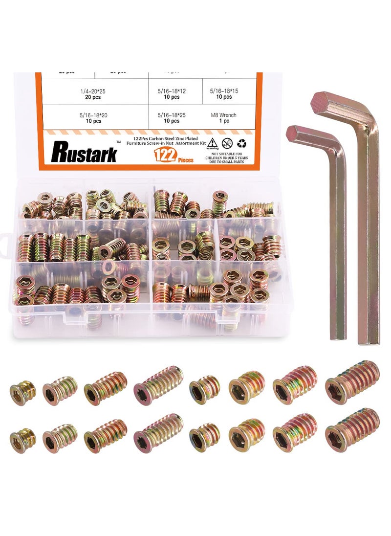 Rustark Rustark 120 pcs 14 and 516 Carbon Steel Zinc Plated Color Threaded Insert Nuts Assortment Set Screwin Nut Hex Socket Drive Wood Bolt Fastener Connector for Wooden Furniture  - Image 1