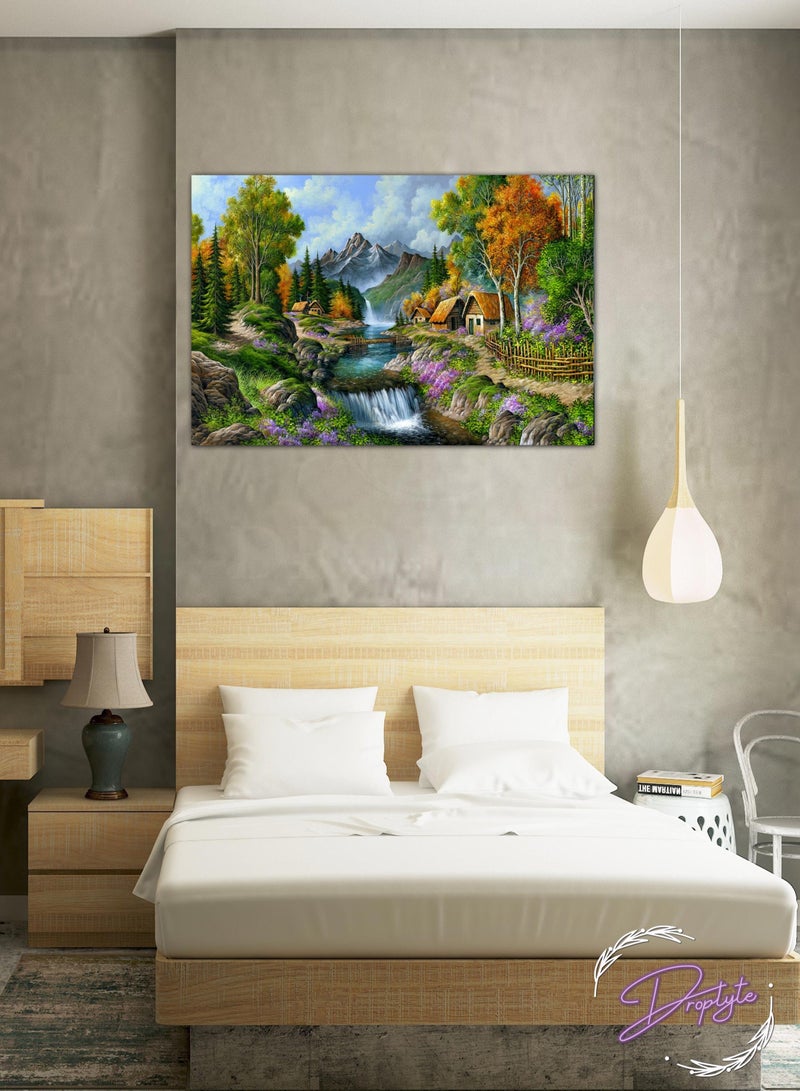 Droplyte Huts on Mountains Greenery Painting Decorative Wall Art Wall Decor Card Board MDF Home Decor  For Drawing Room, Living Room, Bedroom, Kitchen or Office  60CM x 40CM  - Image 1