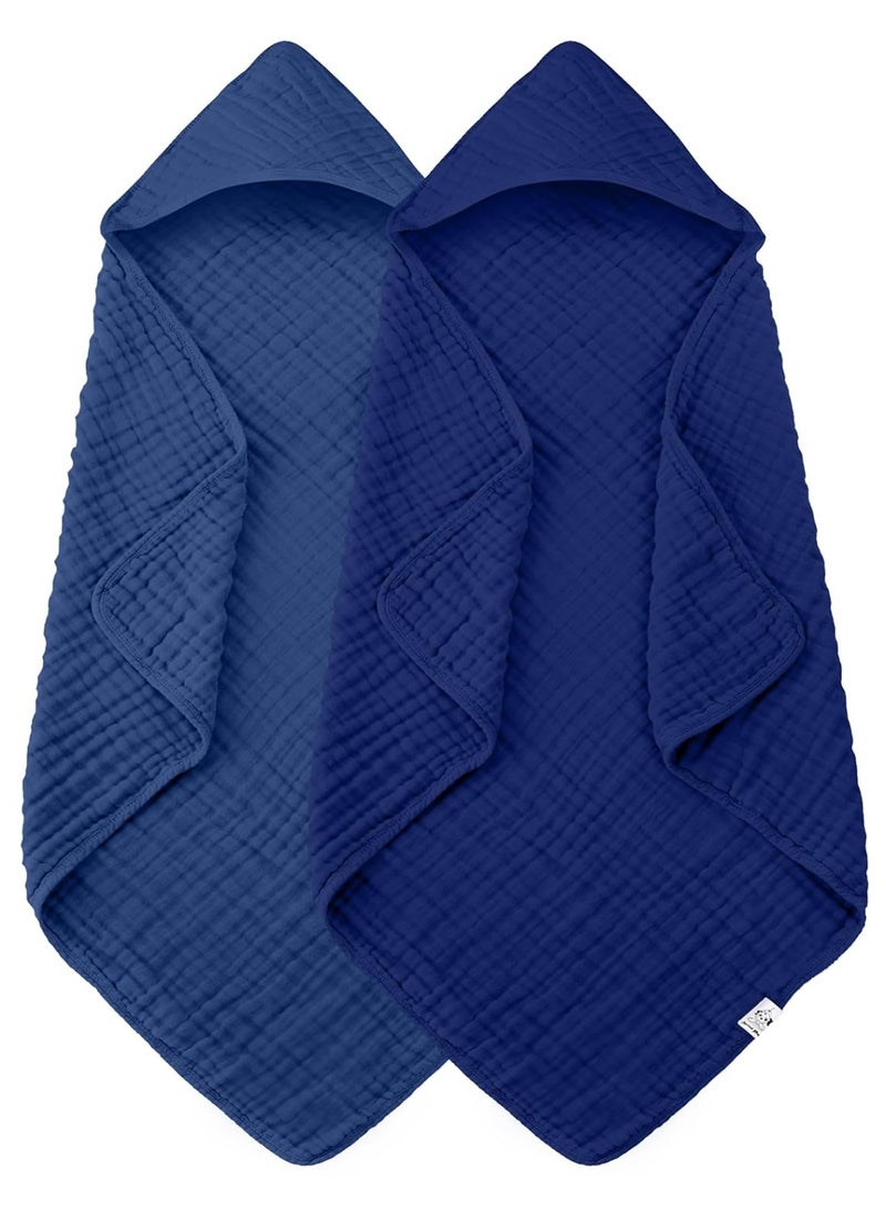 Spotted Play 2 Pack Hooded Baby Towels - 100% Muslin Cotton for Newborns, Infants, Toddlers - Large 32x32 Inch Size - Highly Absorbent and Essential for Newborn Care, Deep Navy - Image 1