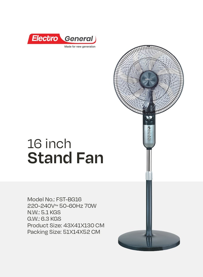 Electro General Stand Fan - All Copper Motor - Low Noise Design - 7 Powerful AS Blades - 3 Speeds - 1 Hour Timer - Adjustable Angle - Adjustable Height - Sturdy Circular Base - Model FST-BG16 - Image 2
