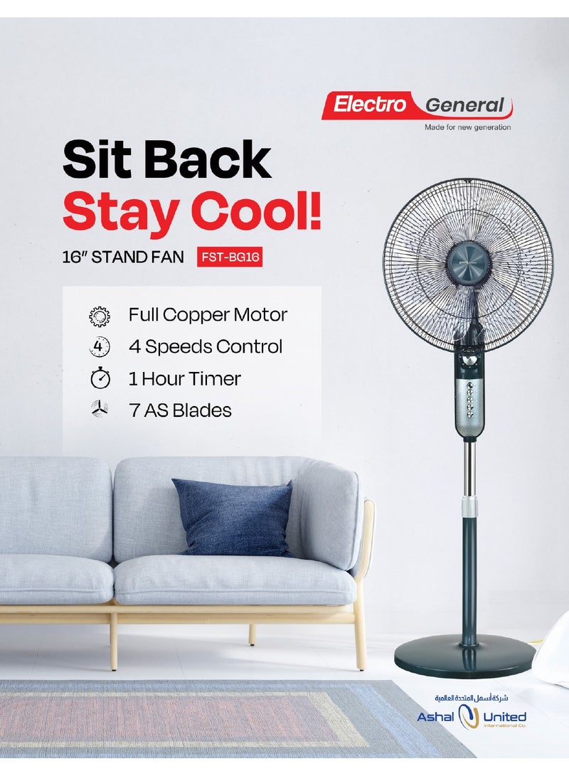 Electro General Stand Fan - All Copper Motor - Low Noise Design - 7 Powerful AS Blades - 3 Speeds - 1 Hour Timer - Adjustable Angle - Adjustable Height - Sturdy Circular Base - Model FST-BG16 - Image 3