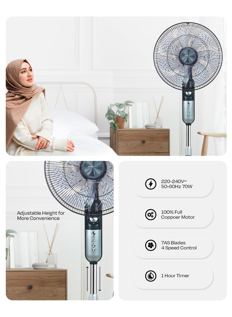 Electro General Stand Fan - All Copper Motor - Low Noise Design - 7 Powerful AS Blades - 3 Speeds - 1 Hour Timer - Adjustable Angle - Adjustable Height - Sturdy Circular Base - Model FST-BG16 - Image 4