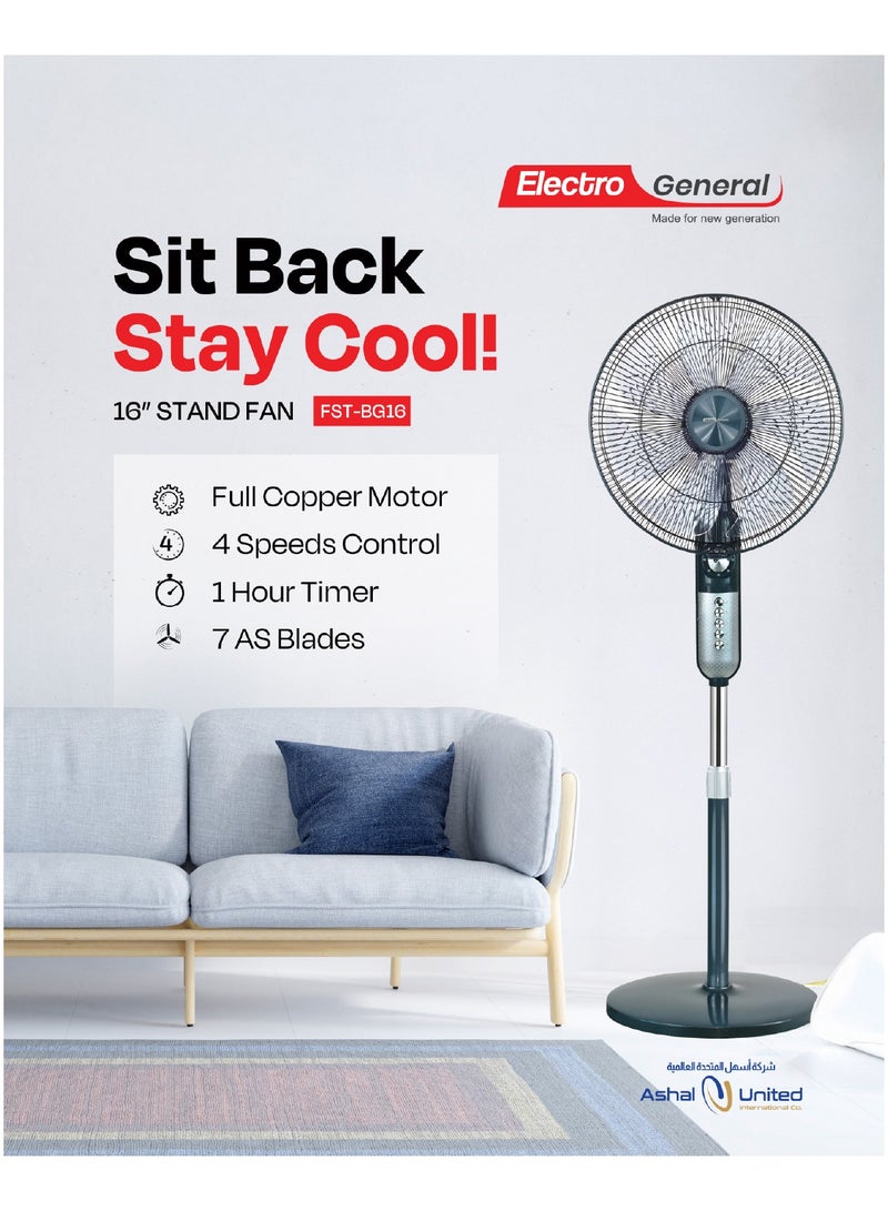 Electro General Stand Fan - All Copper Motor - Low Noise Design - 7 Powerful AS Blades - 3 Speeds - 1 Hour Timer - Adjustable Angle - Adjustable Height - Sturdy Circular Base - Model FST-BG16 - Image 5