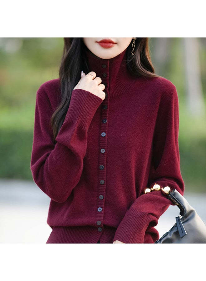 Angora Red Winter Thick Stand Collar Cardigan, Loose Lazy Style Knitted Coat