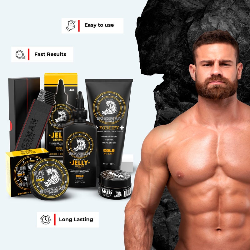 Bossman Complete Beard Kit â€“ Men's Beard Oil Jelly, Fortifying Shower Conditioner, Balm, Mustache Wax & Comb â€“ Beard Softener & Grooming Care â€“ Men Gift Set (Royal Oud Scent) - Image 5