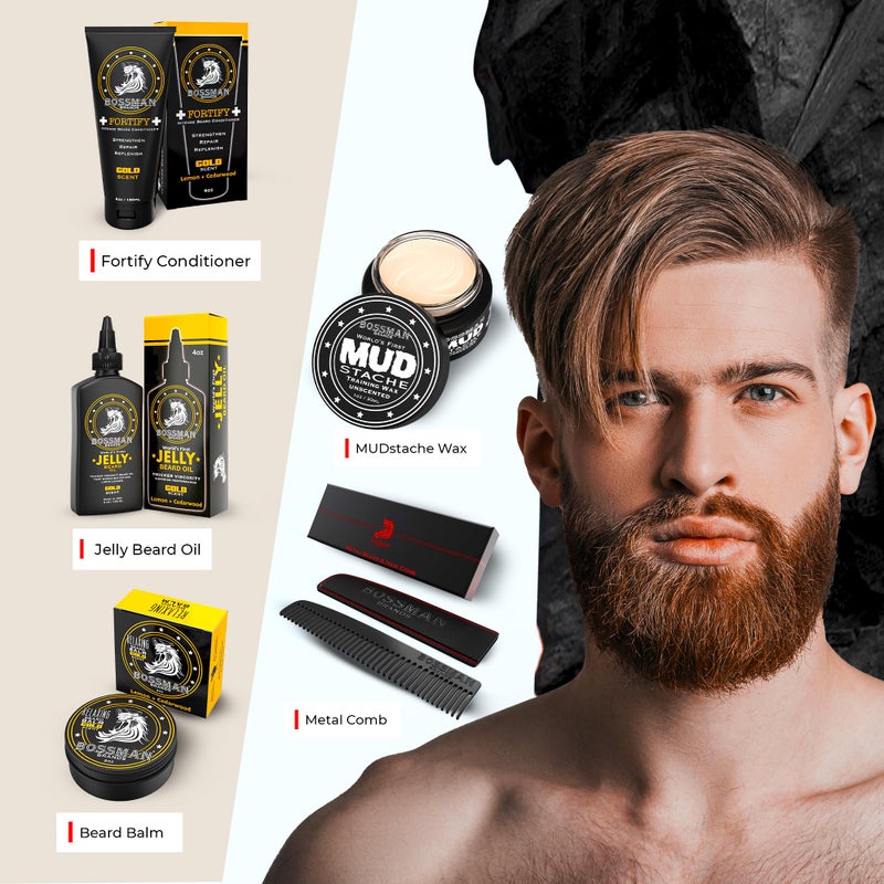Bossman Complete Beard Kit â€“ Men's Beard Oil Jelly, Fortifying Shower Conditioner, Balm, Mustache Wax & Comb â€“ Beard Softener & Grooming Care â€“ Men Gift Set (Royal Oud Scent) - Image 3