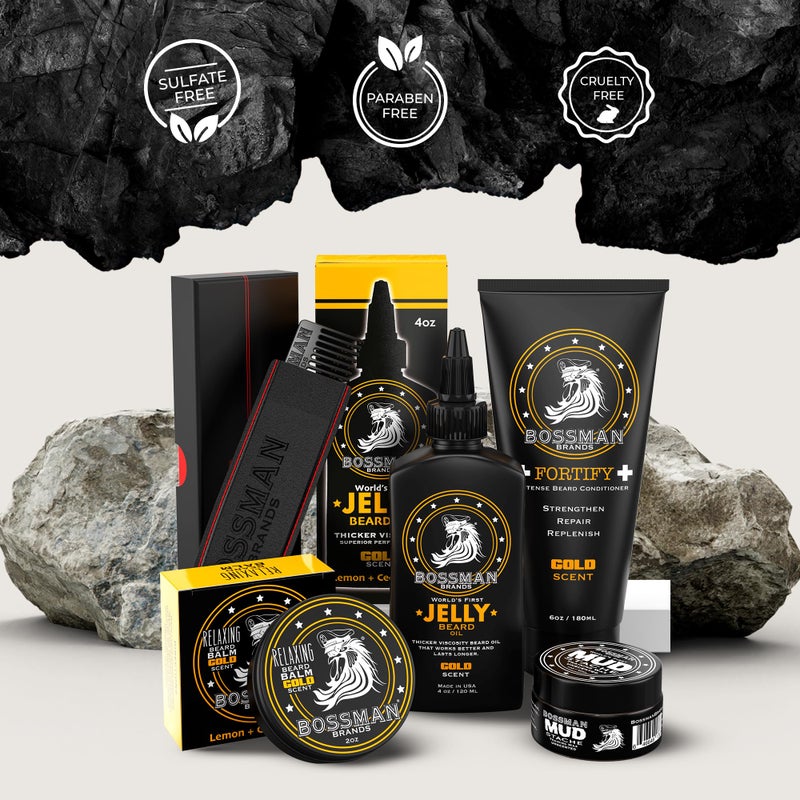 Bossman Complete Beard Kit â€“ Men's Beard Oil Jelly, Fortifying Shower Conditioner, Balm, Mustache Wax & Comb â€“ Beard Softener & Grooming Care â€“ Men Gift Set (Royal Oud Scent) - Image 4
